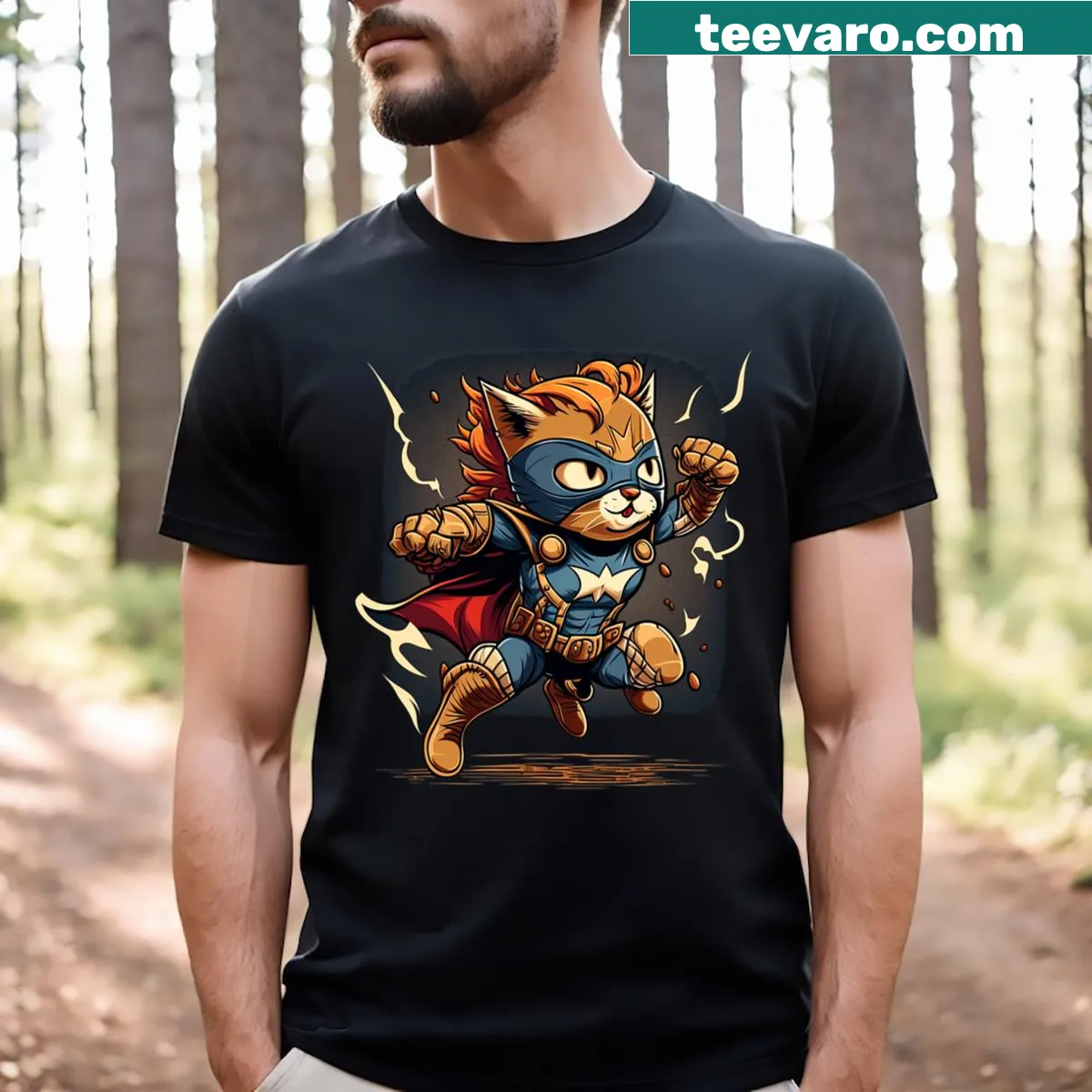 Dynamic T-shirt with a cartoon cat superhero design — on a men's t-shirt