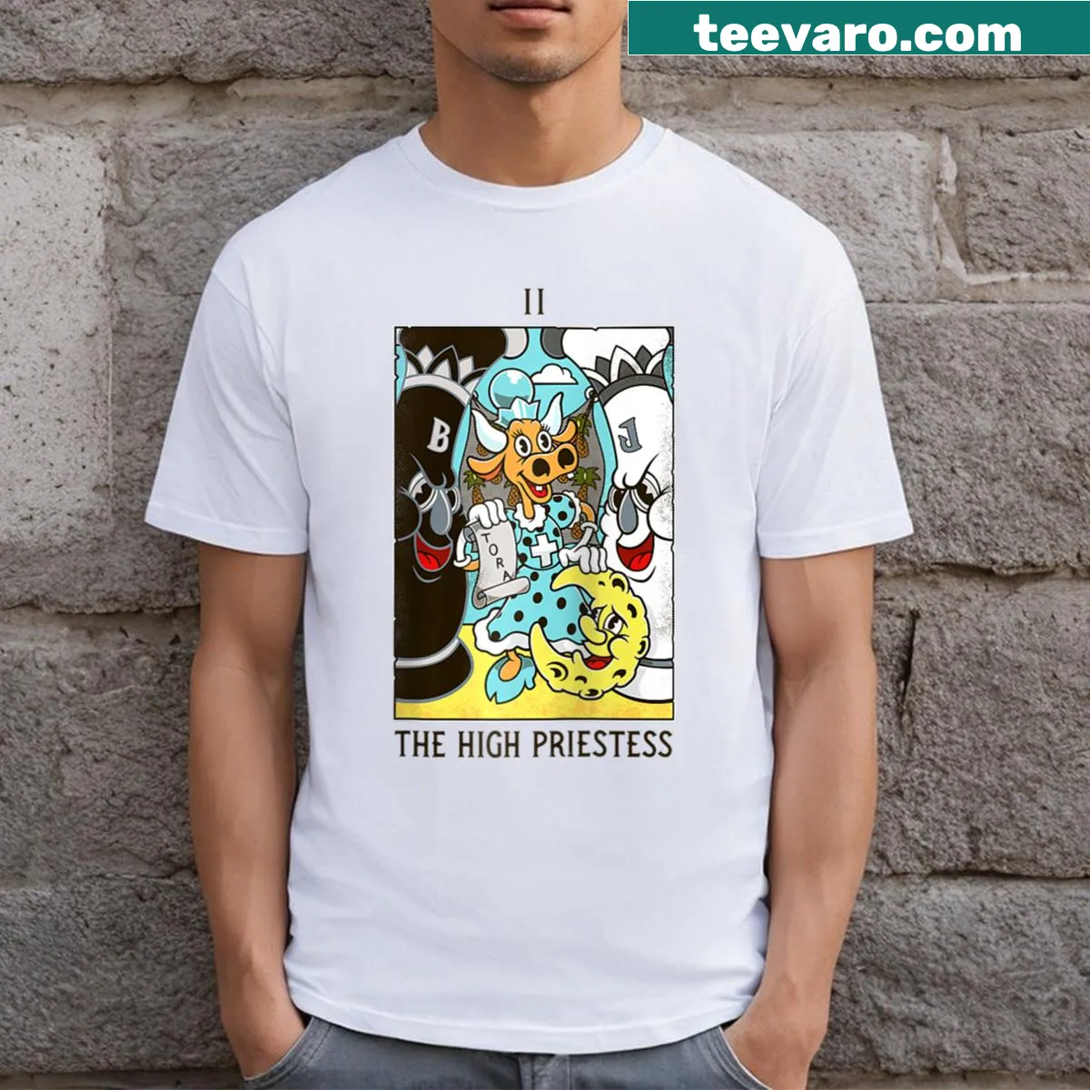 Vintage High Priestess tarot card illustration on T-shirt — on a men's t-shirt