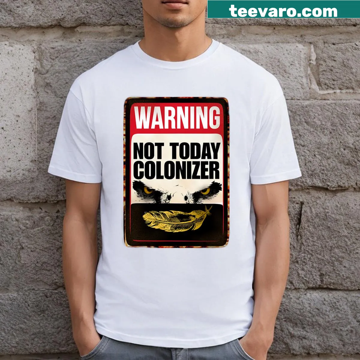 Edgy tee with bold text against colonialism — on a men's t-shirt