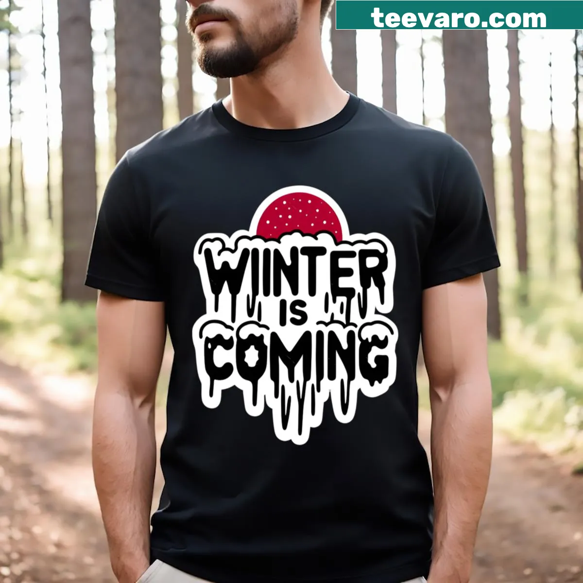 Playful winter-themed T-shirt with humorous text. — on a men's t-shirt