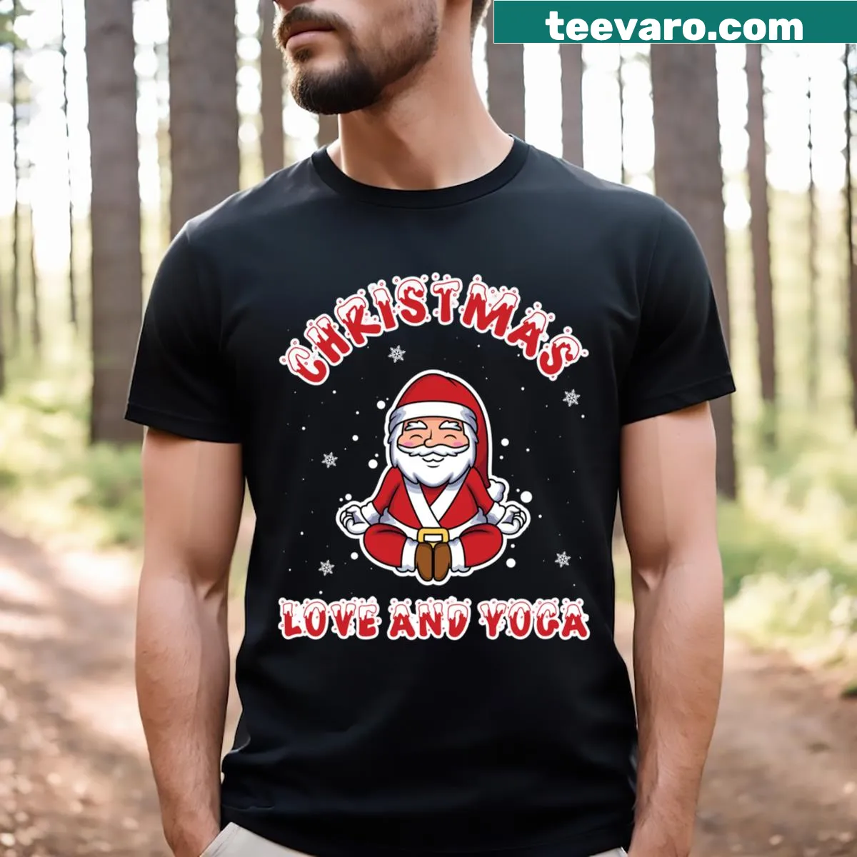 Illustrated T-shirt depicting yoga and meditation themes, infused with holiday spirit. — on a men's t-shirt