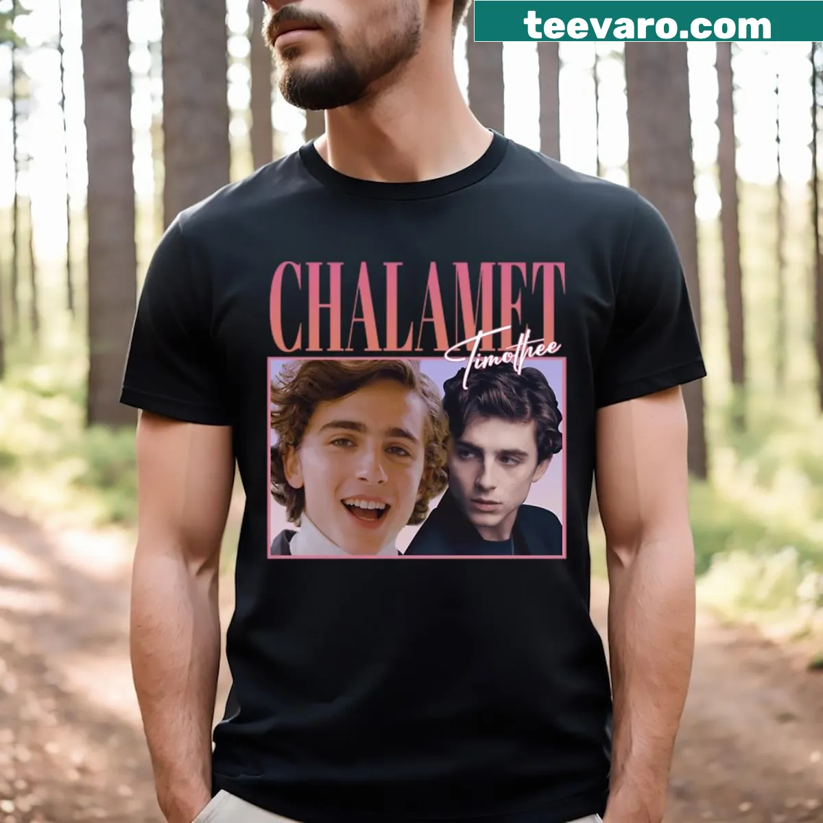 Retro-style T-shirt featuring Timothee Chalamet for '90s nostalgia lovers. — on a men's t-shirt