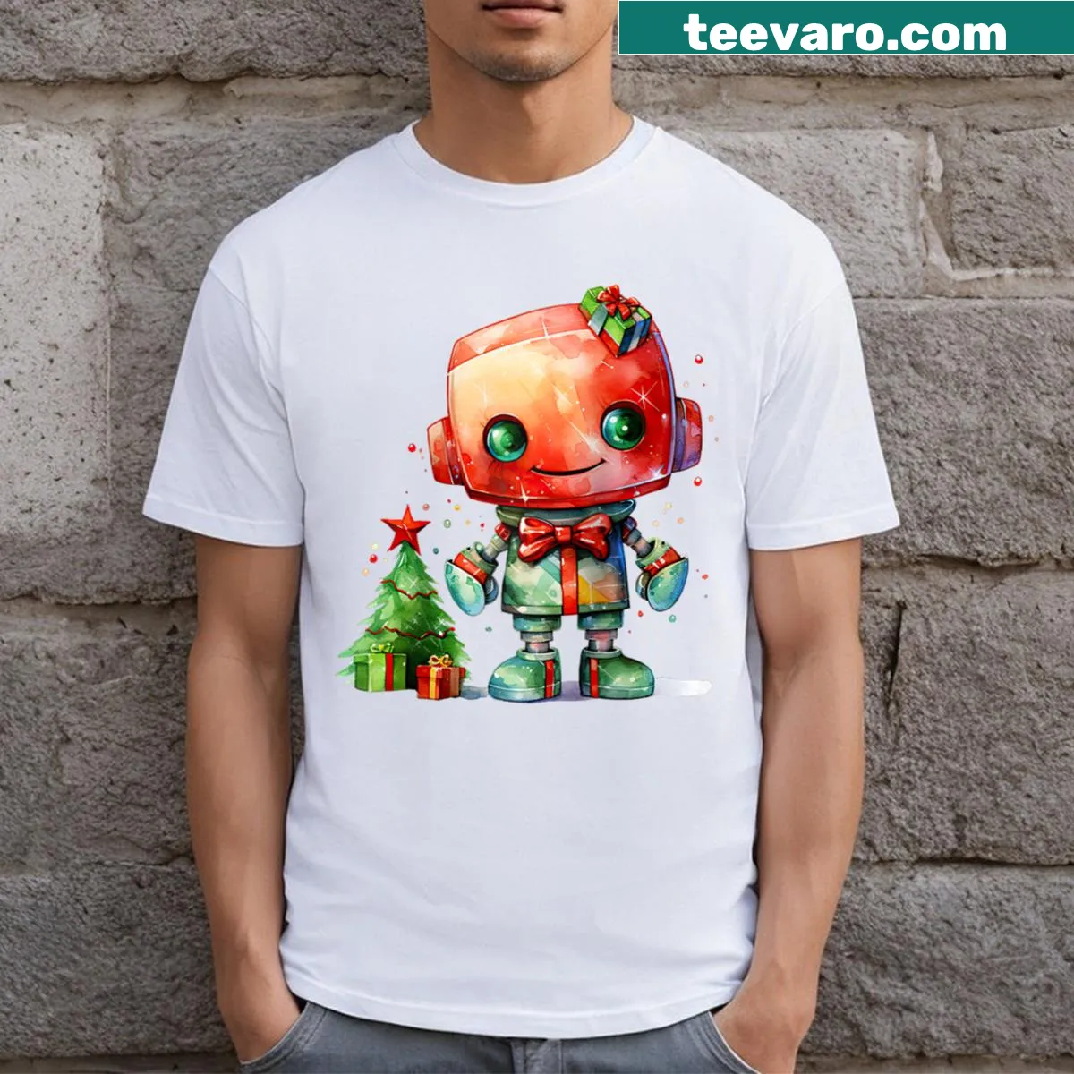 Cute Santa robot design on a raglan baseball tee for Christmas — on a men's t-shirt