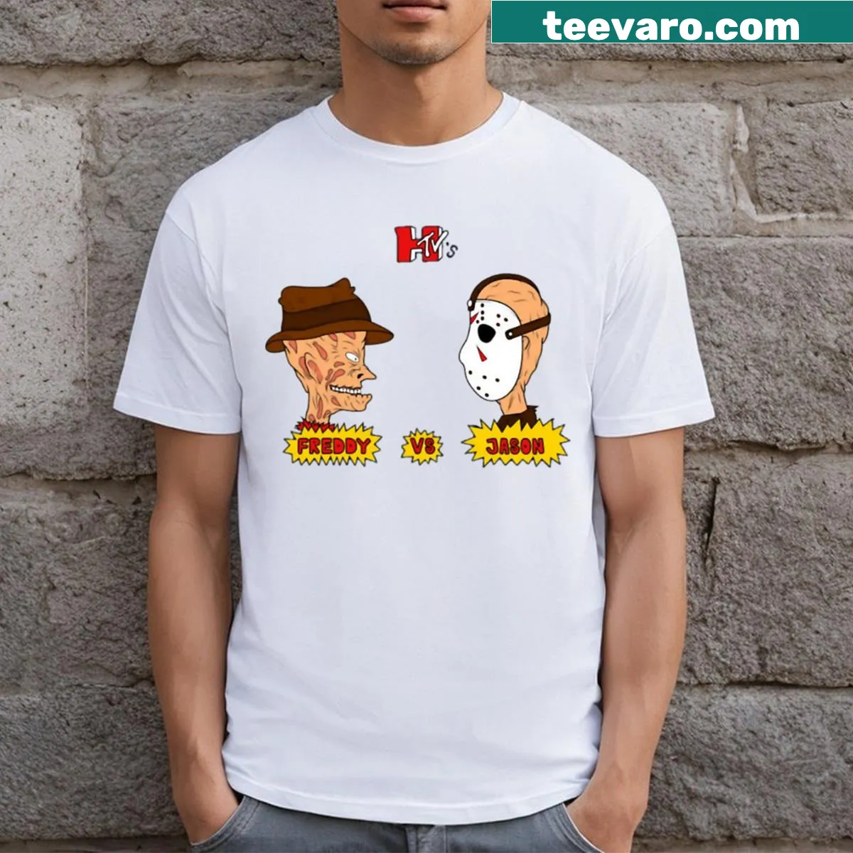 Cartoon style Bettle Krueger vs Jason shirt — on a men's t-shirt
