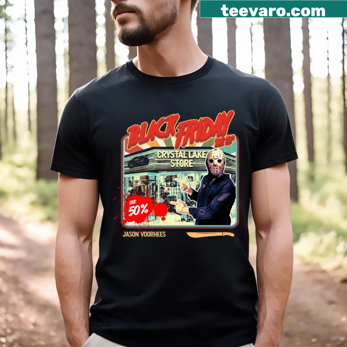 Black Friday Jason Voorhees T-shirt with horror theme — on a men's t-shirt