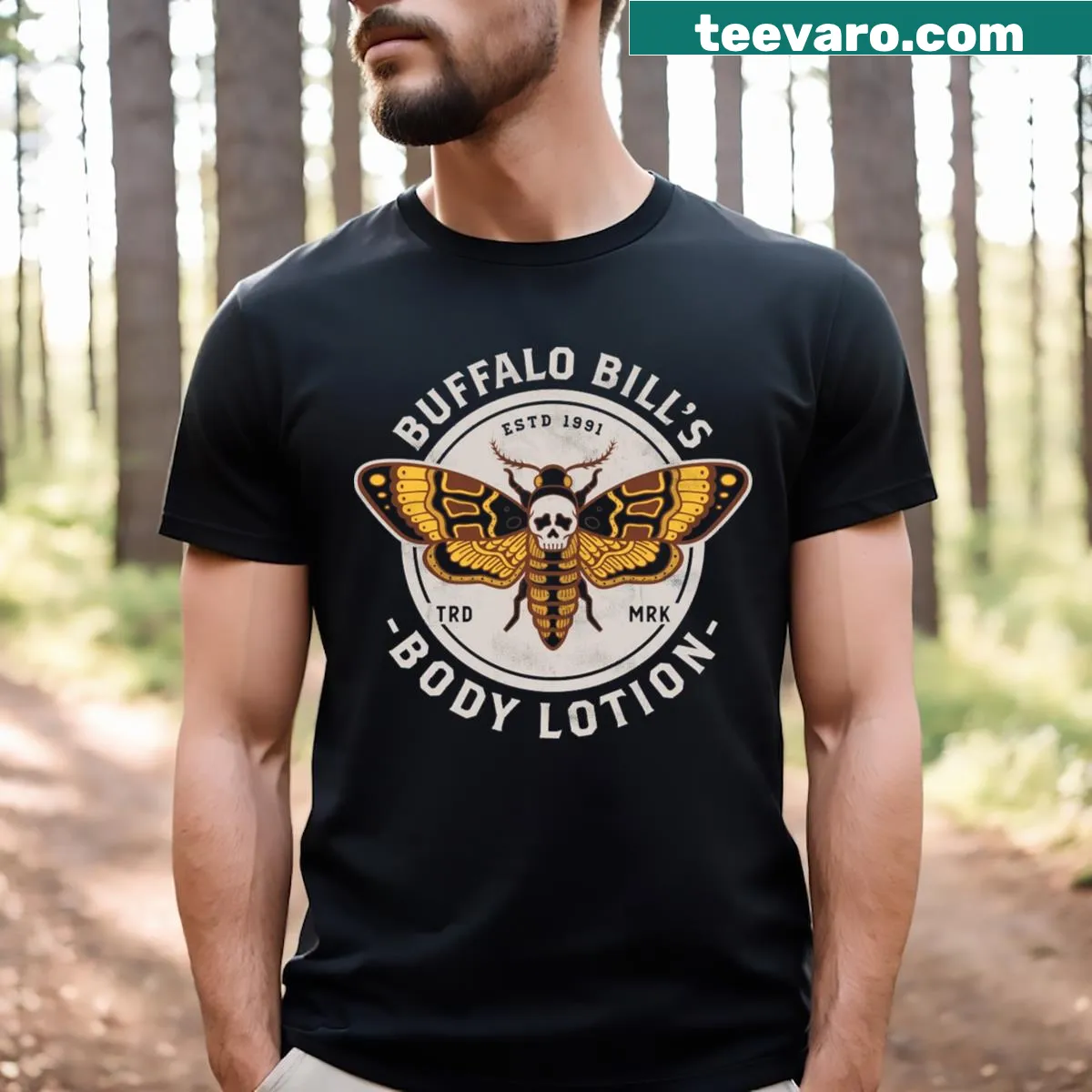 Buffalo Bill's Body Lotion graphic on a vintage distressed horror t-shirt — on a men's t-shirt