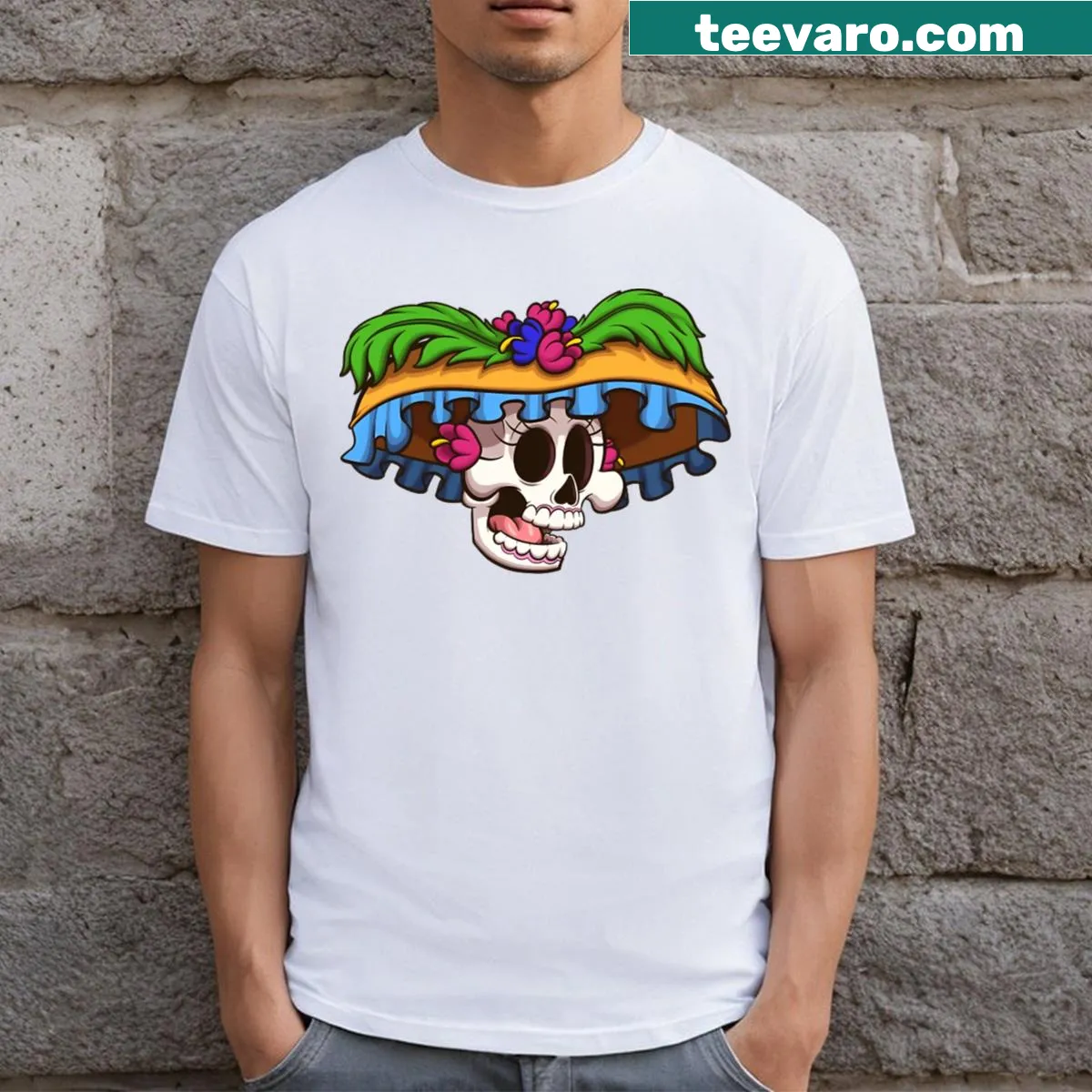 Cute cartoon Catrina t-shirt for Día de los Muertos — on a men's t-shirt