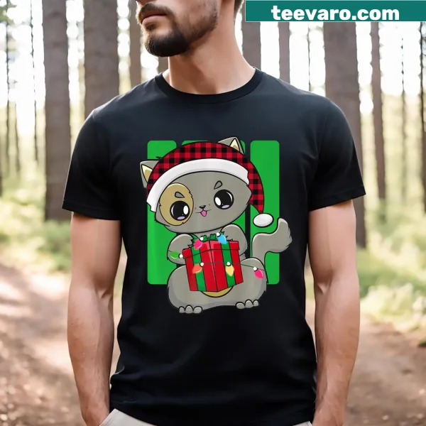Kawaii chibi cat graphic on a red plaid Christmas t-shirt.