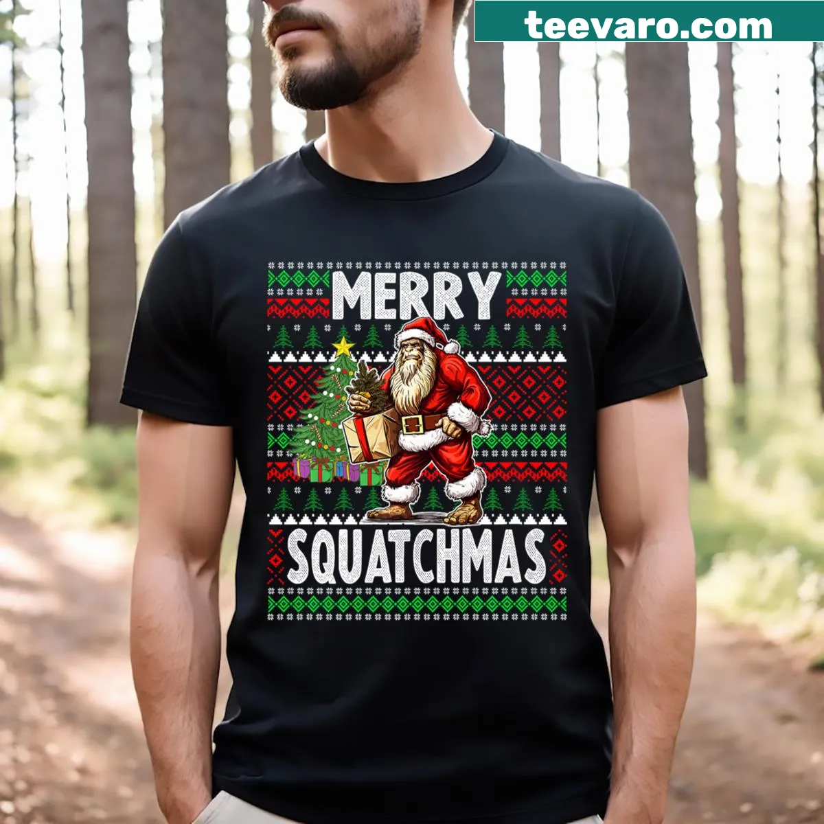 Illustrated Bigfoot in Santa hat on a Christmas-themed T-shirt — on a men's t-shirt