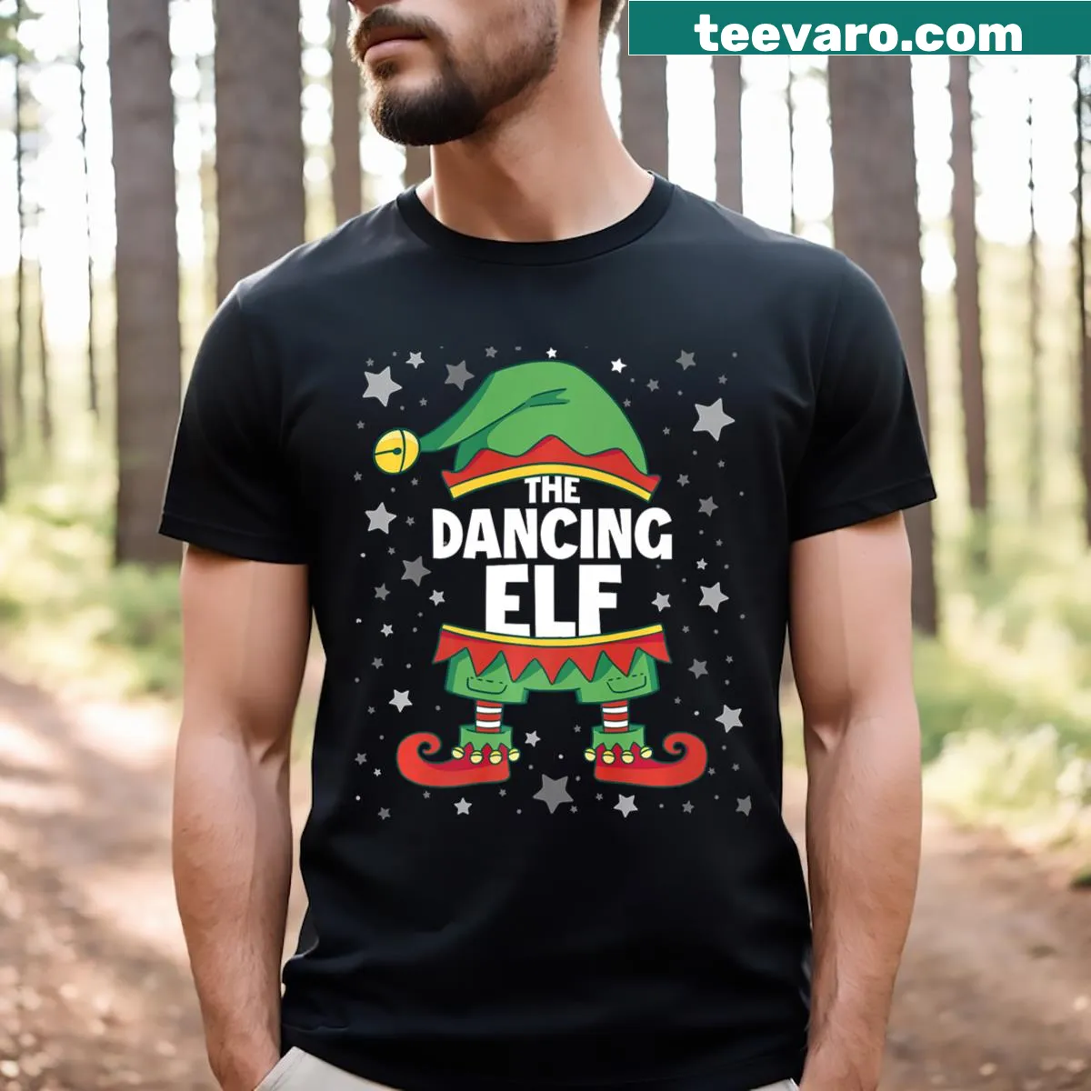 Cartoon dancing elf design on a kids' Christmas T-shirt — on a men's t-shirt