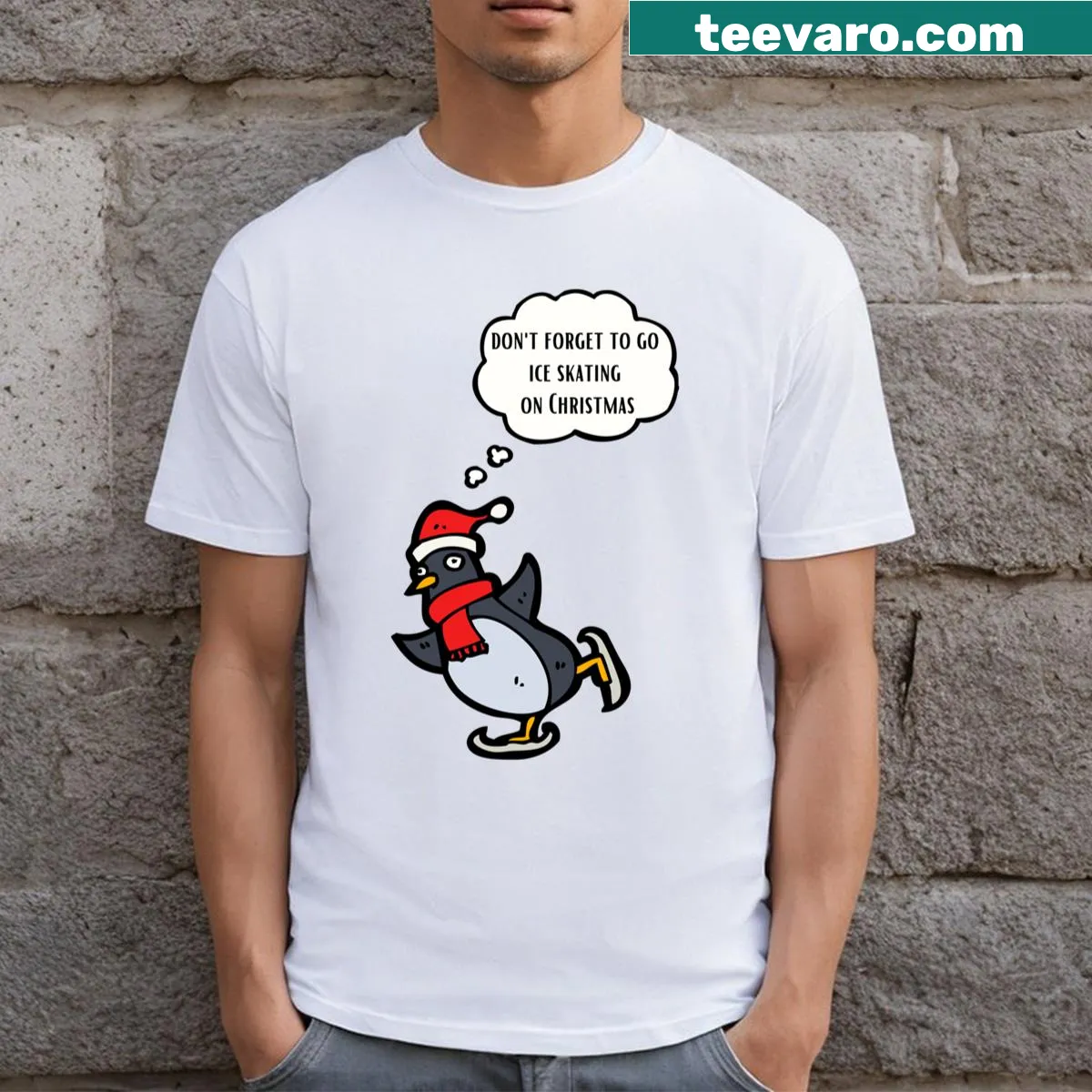 Funny Christmas t-shirt featuring a penguin on ice skates — on a men's t-shirt