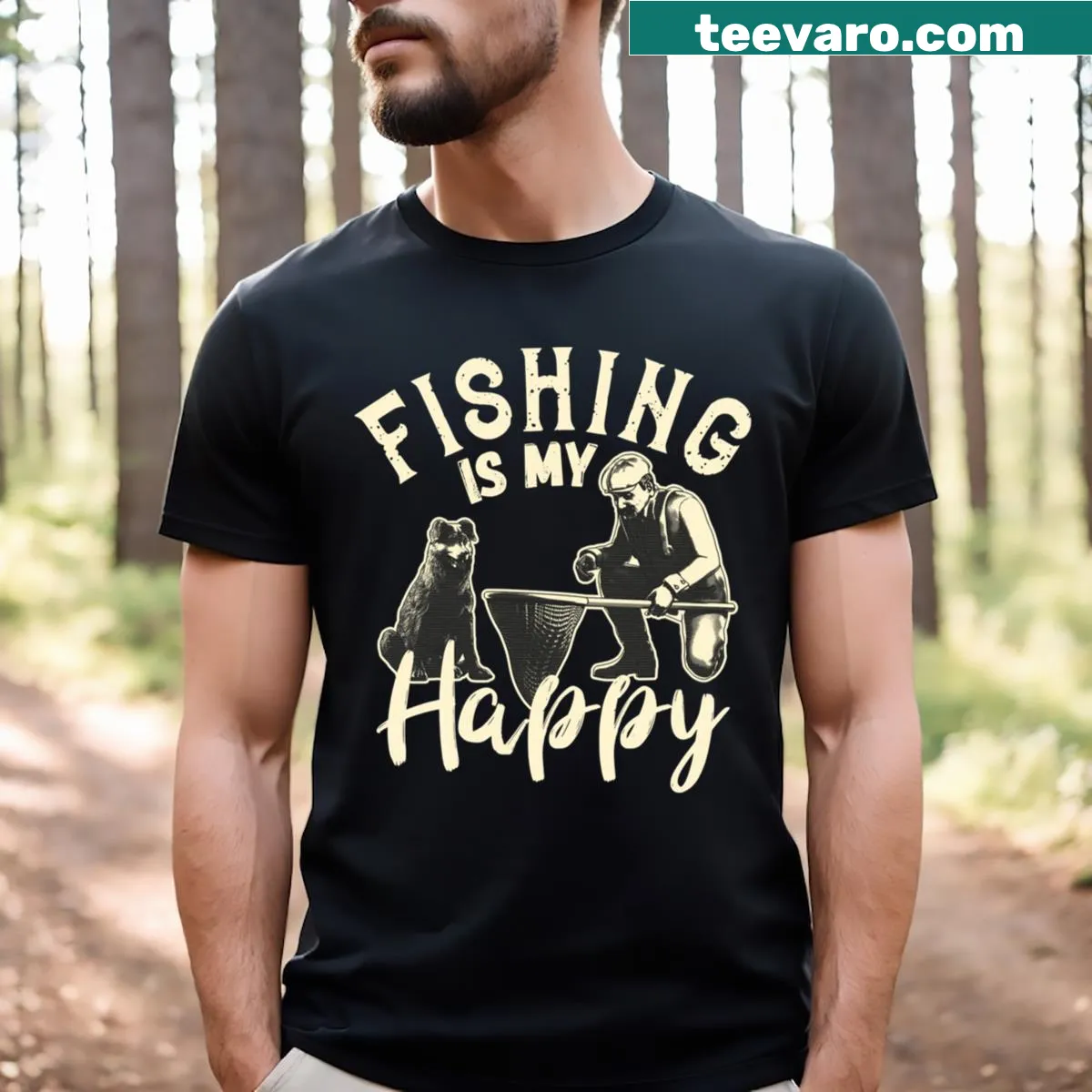Casual T-shirt with text 'Fishing Is My Happy' — on a men's t-shirt