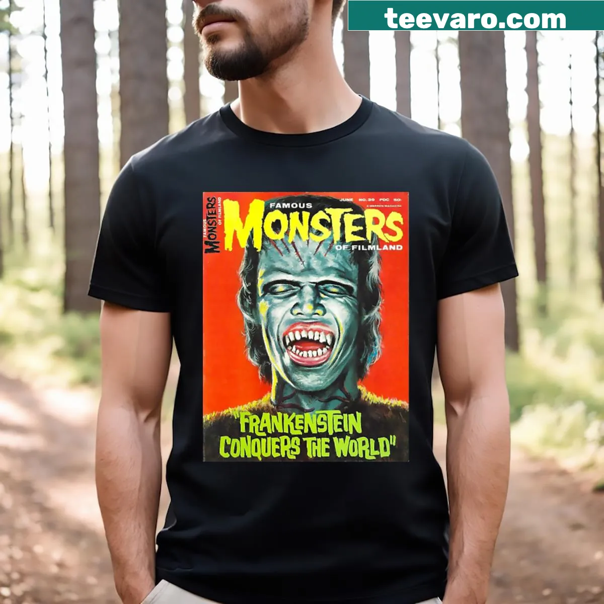 Playful T-shirt featuring Frankenstein conquering the world — on a men's t-shirt