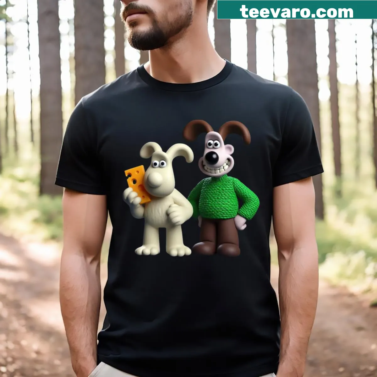 Whimsical design featuring Wallace and Gromit on a t-shirt — on a men's t-shirt