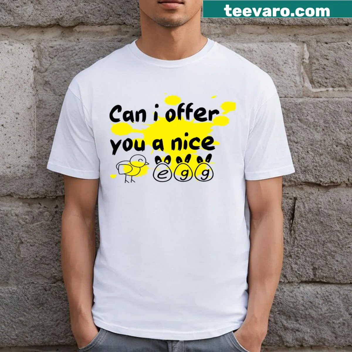 Funny t-shirt featuring the phrase 'Can I Offer You A Nice Egg?' — on a men's t-shirt