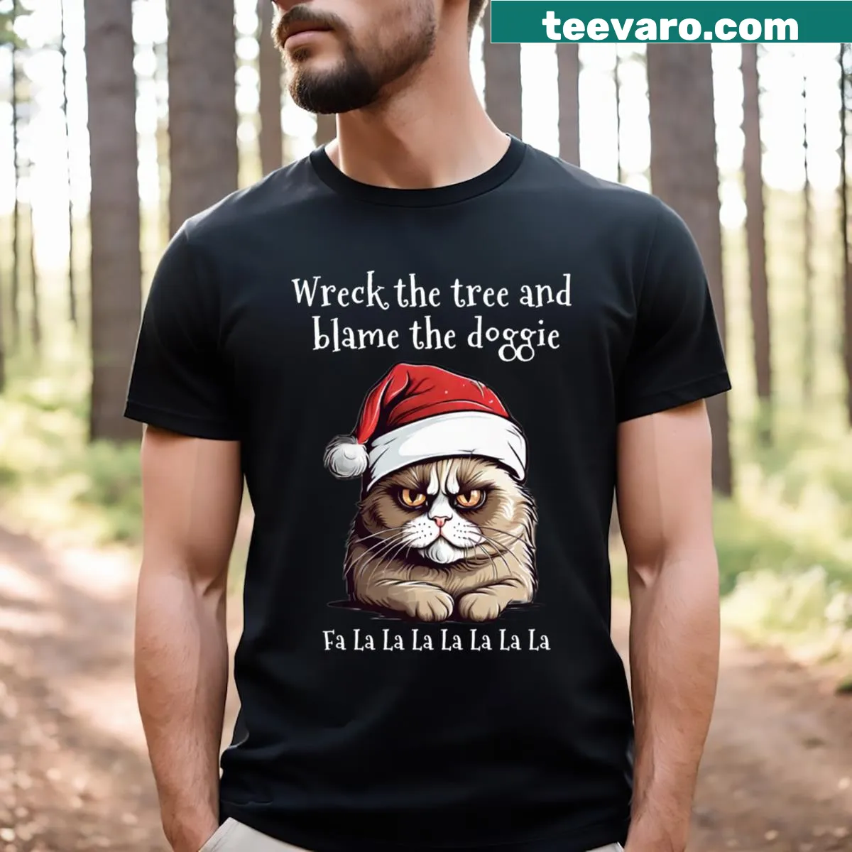 Grumpy cat in a festive hat with humorous text on a Christmas T-shirt — on a men's t-shirt