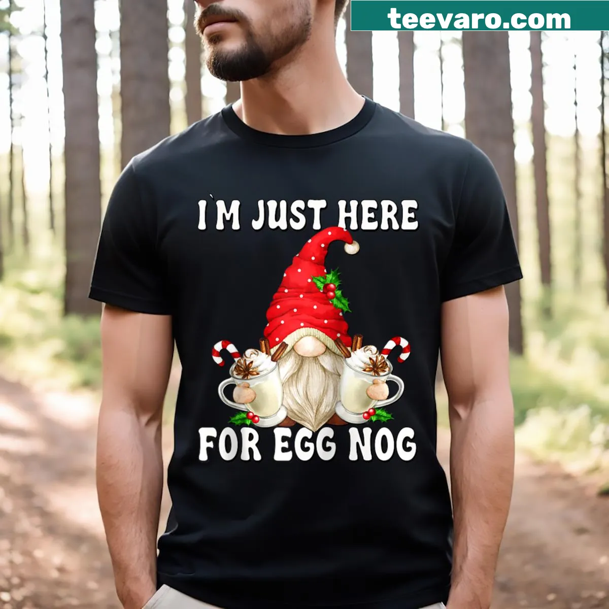 Gnome holding eggnog with a funny saying on a Christmas raglan tee — on a men's t-shirt