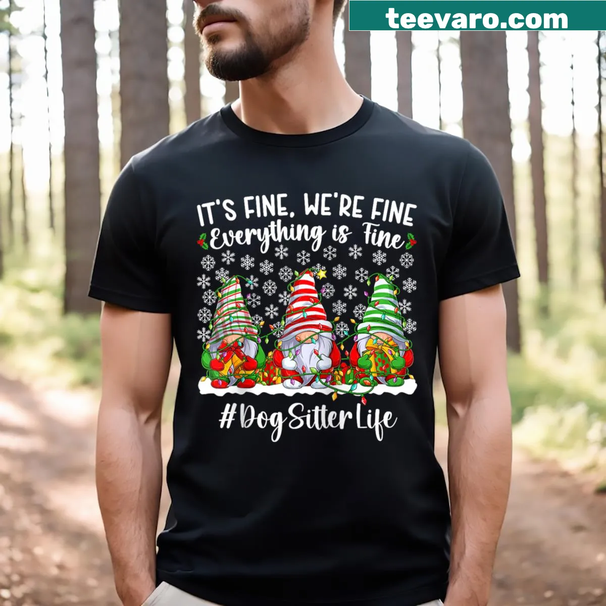 Funny dog sitter graphic on a Christmas raglan tee — on a men's t-shirt