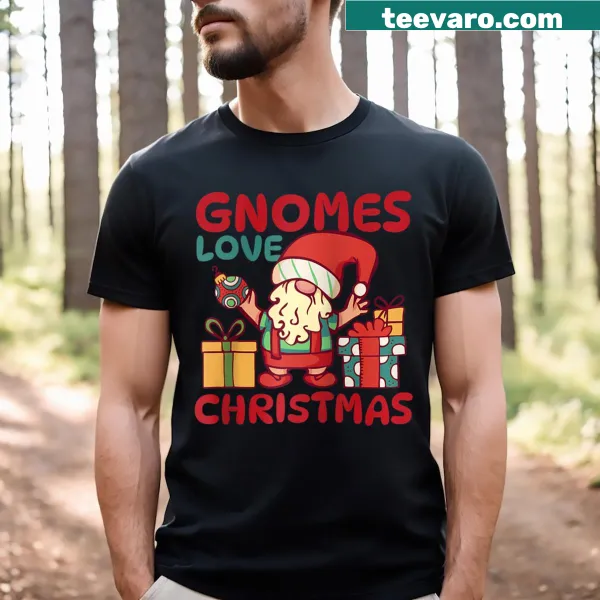 Cute cartoon gnome design on a Christmas raglan t-shirt for kids.