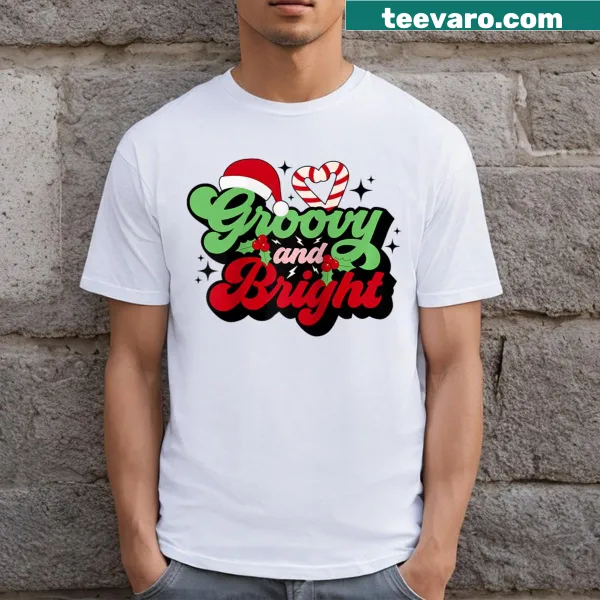 Retro Christmas party raglan tee with groovy graphics.