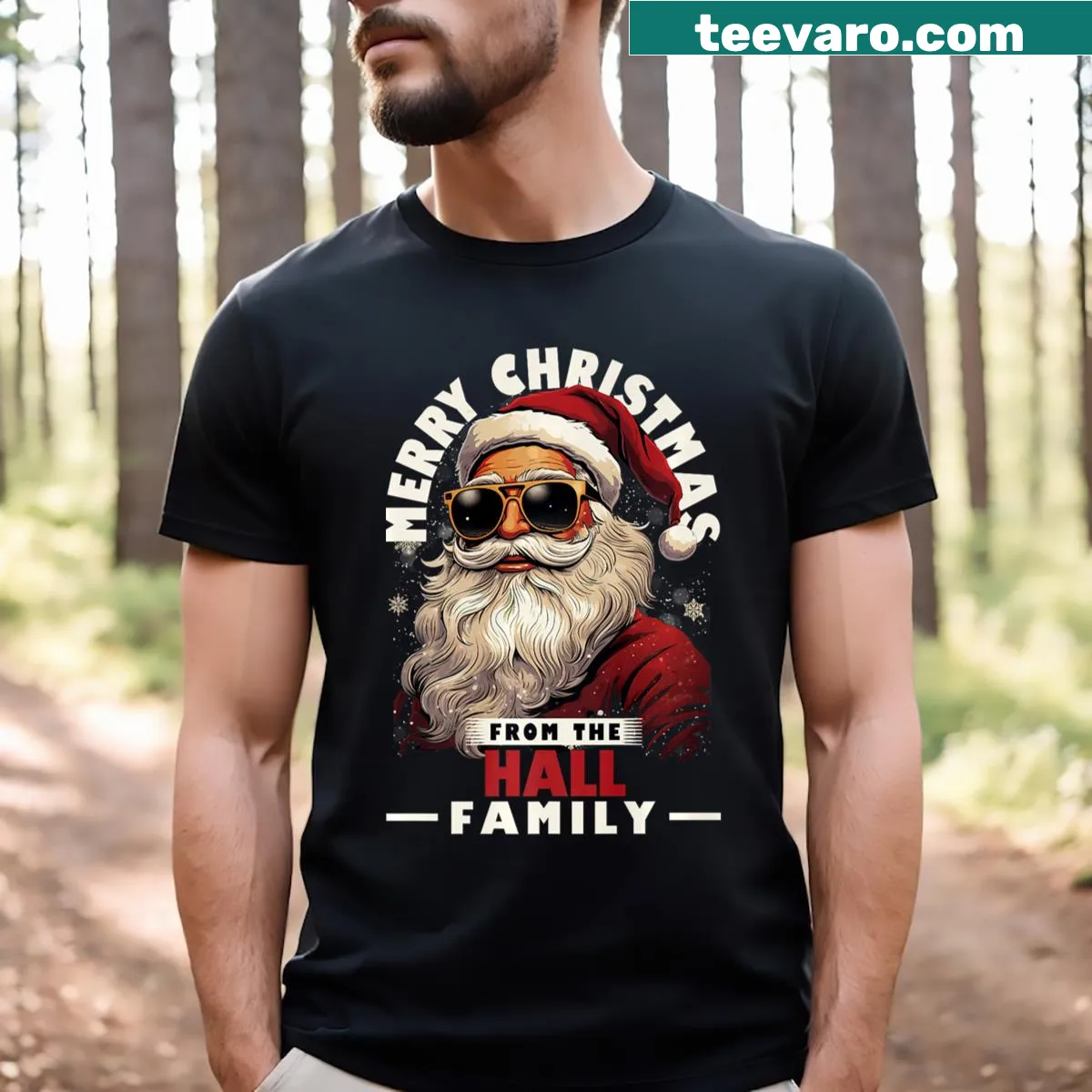 Santa-themed family Christmas T-shirt with festive design — on a men's t-shirt