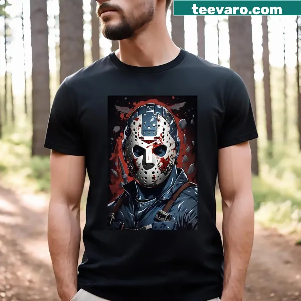 T-shirt featuring a chilling graphic of Jason from horror films
