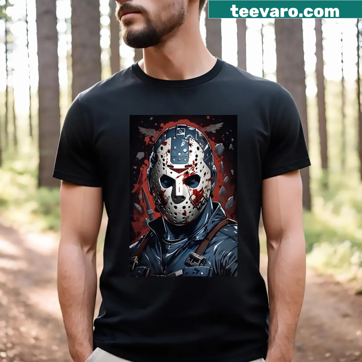 T-shirt featuring a chilling graphic of Jason from horror films — on a men's t-shirt