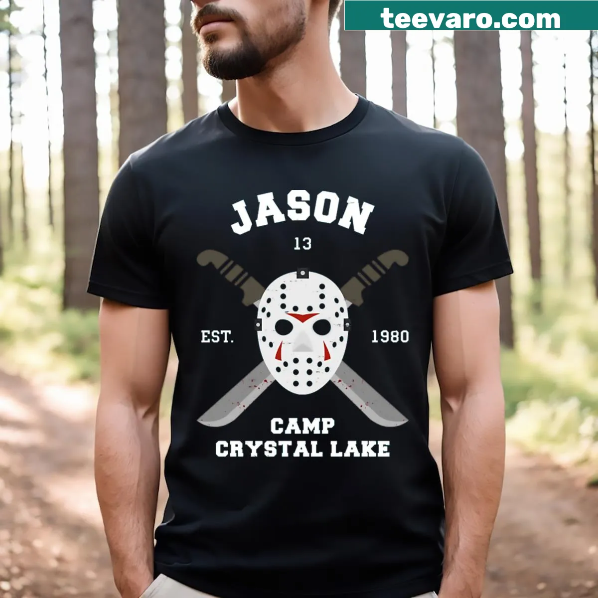 Jason Voorhees mask graphic on T-shirt, inspired by Crystal Lake — on a men's t-shirt