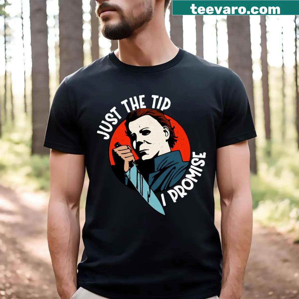 Text design saying 'Just The Tip I Promise' on a T-shirt. — on a men's t-shirt