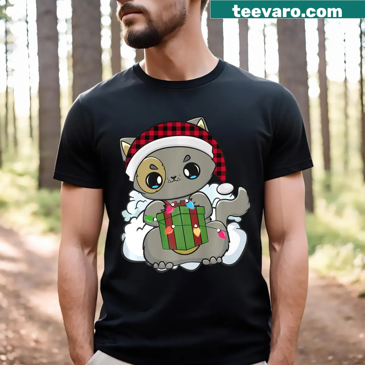 Kawaii chibi kitten graphic on a red plaid Christmas T-shirt — on a men's t-shirt