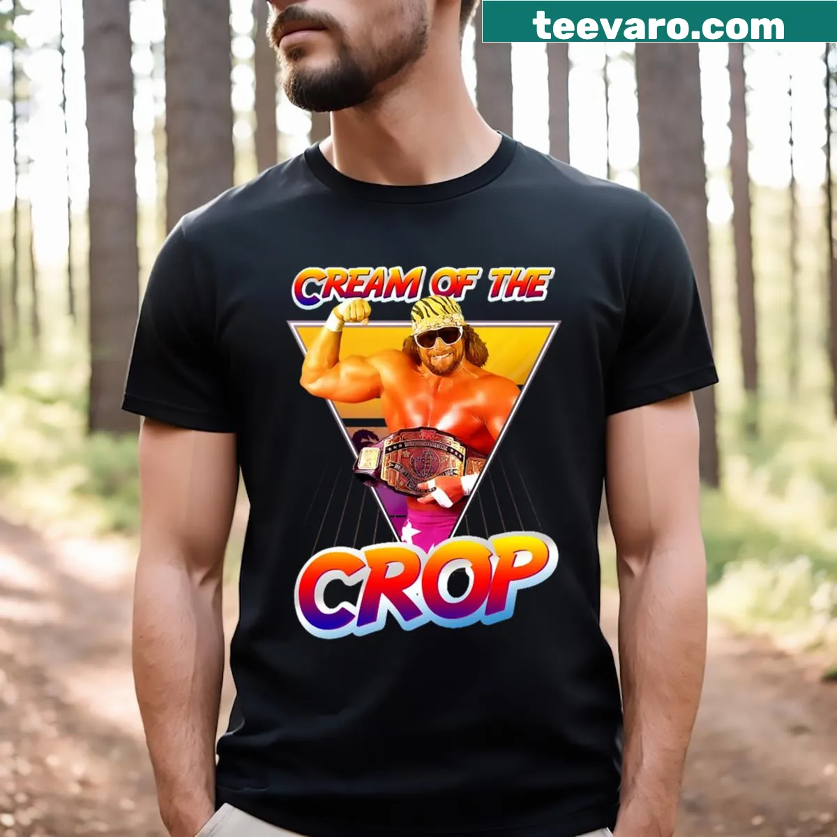 Macho Man The Cream Of Crop T-shirt with a bold phrase design — on a men's t-shirt