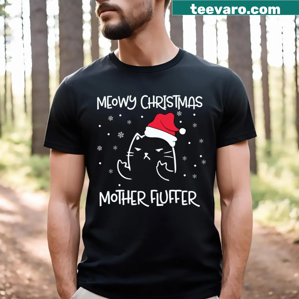 Funny Christmas t-shirt with cartoon Santa cat and humorous text. — on a men's t-shirt
