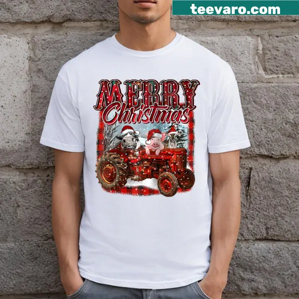 Farm animals in festive attire on a Christmas raglan tee