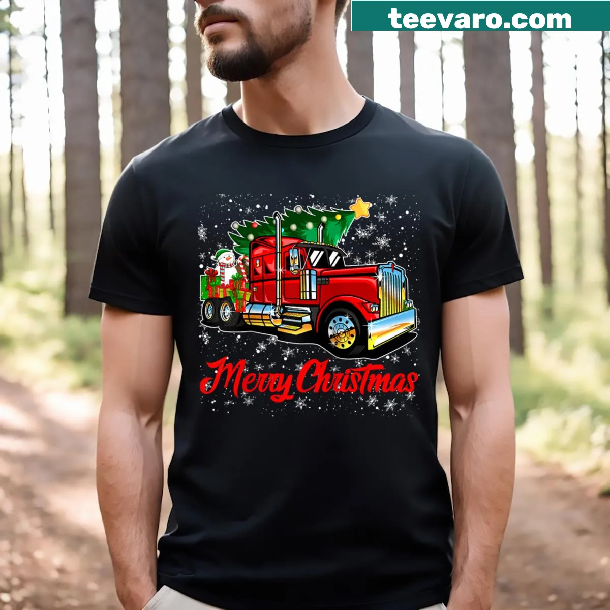 Christmas truck driver raglan shirt with 'Merry Christmas Truck Driver' text. — on a men's t-shirt