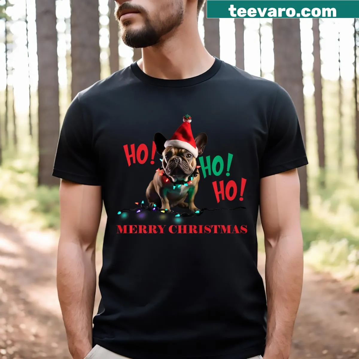 French Bulldog Christmas t-shirt with festive design for dog lovers. — on a men's t-shirt