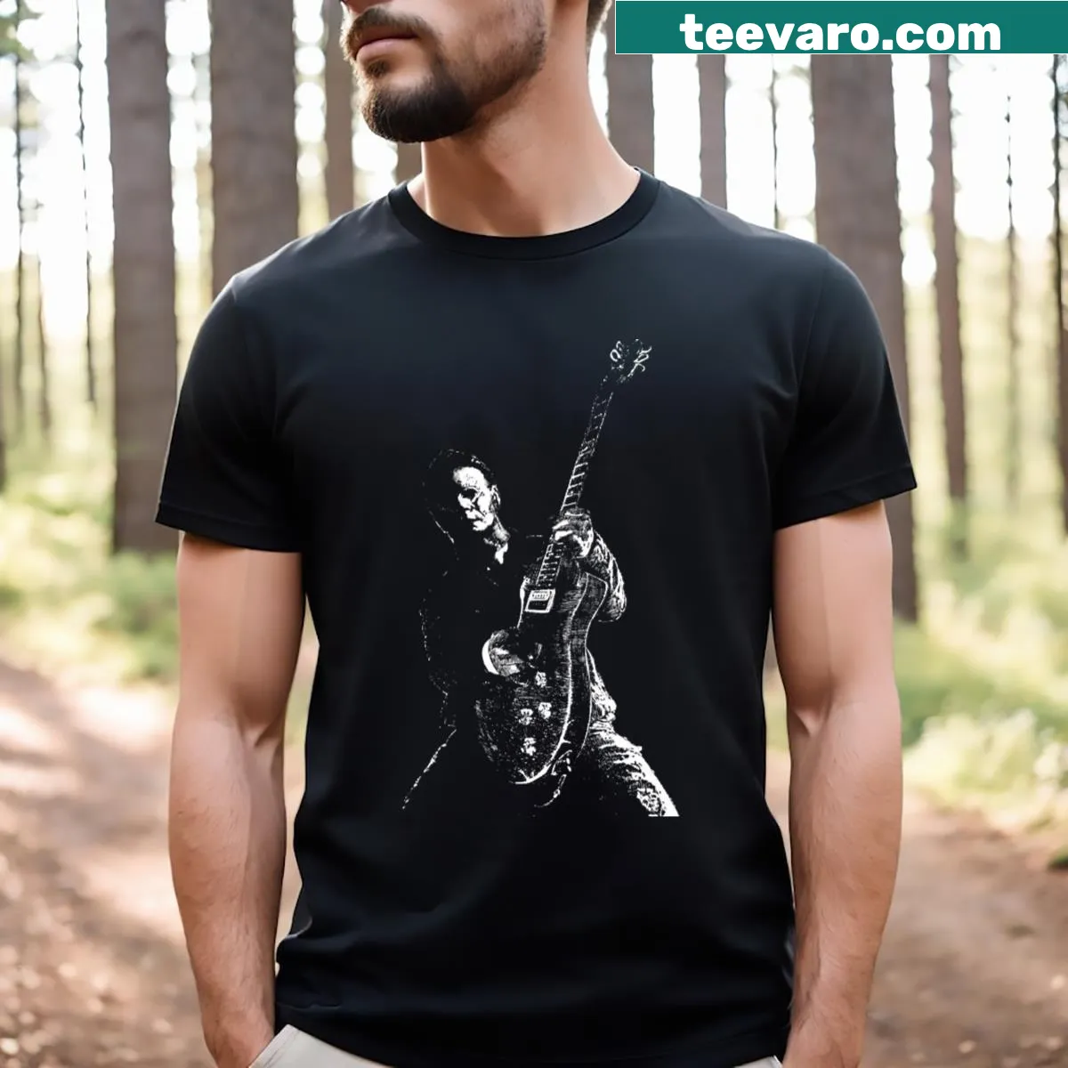 T-shirt featuring Michael Myers on stage in a horror theme — on a men's t-shirt