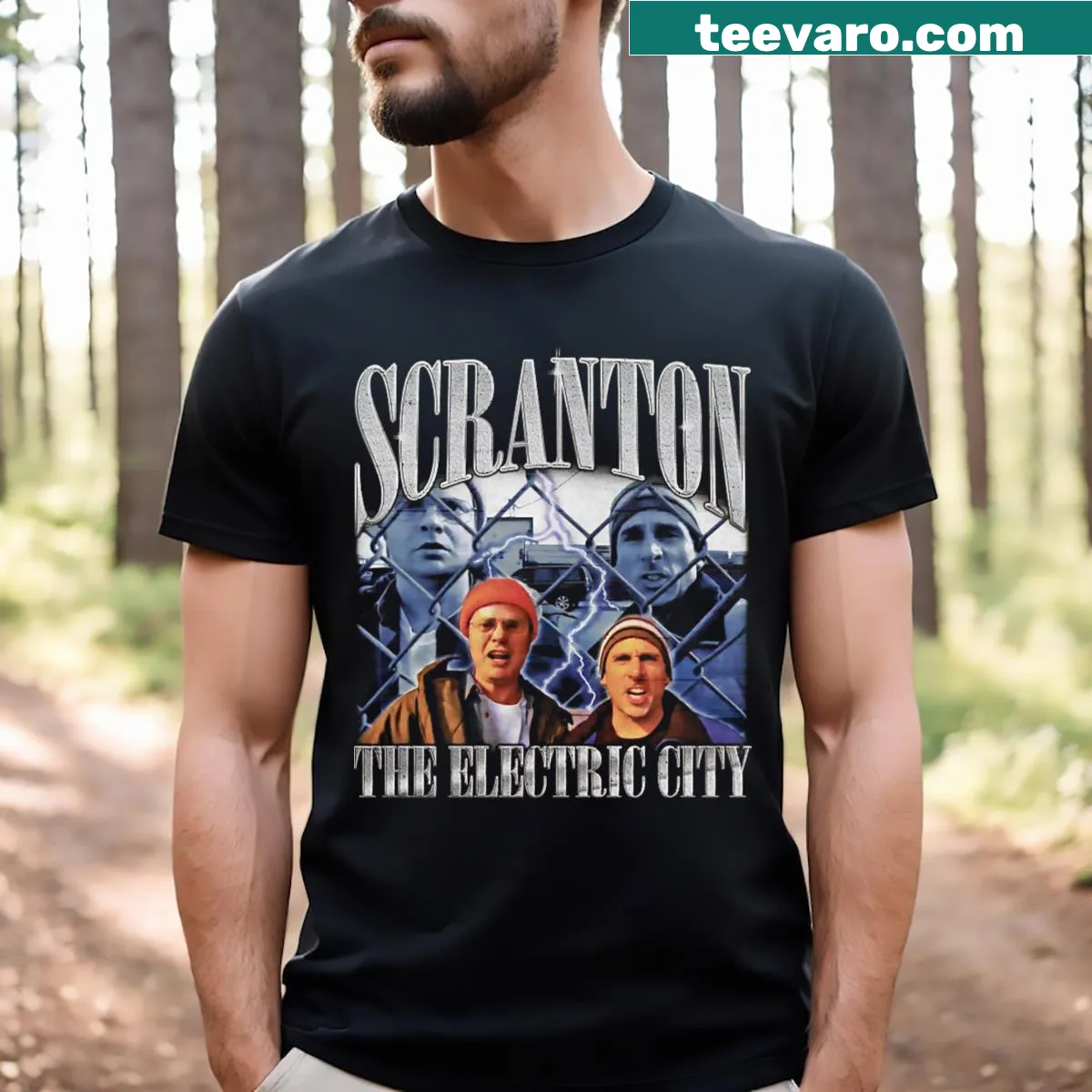 Typography shirt featuring Scranton Electric City and rap elements — on a men's t-shirt