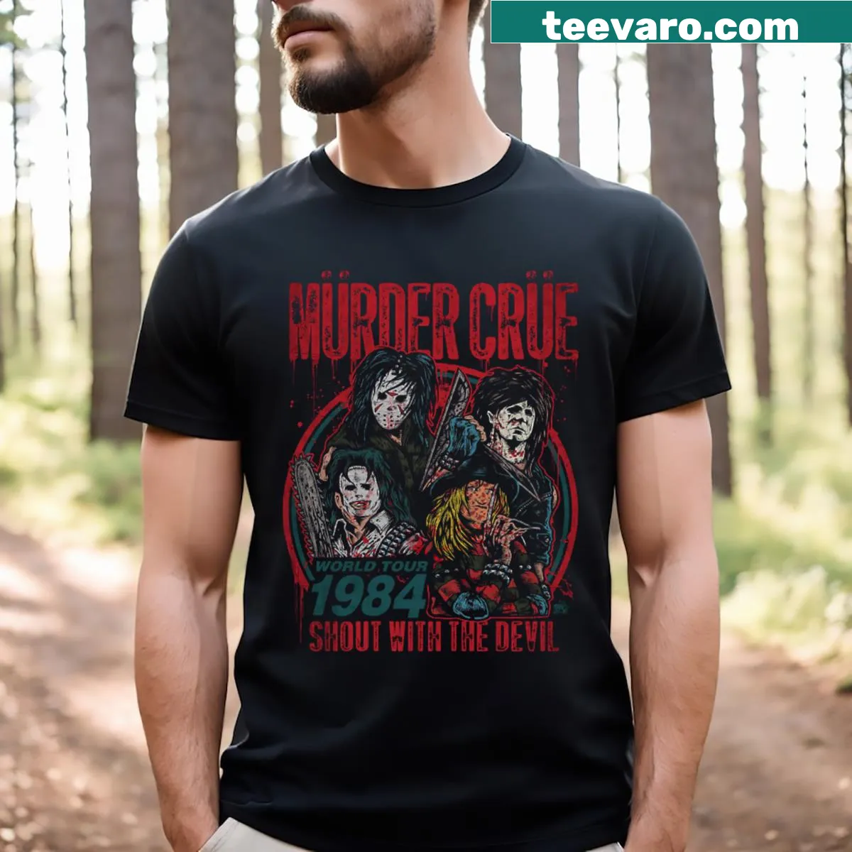 Bold Murdercrue graphic on a black T-shirt for metal fans — on a men's t-shirt