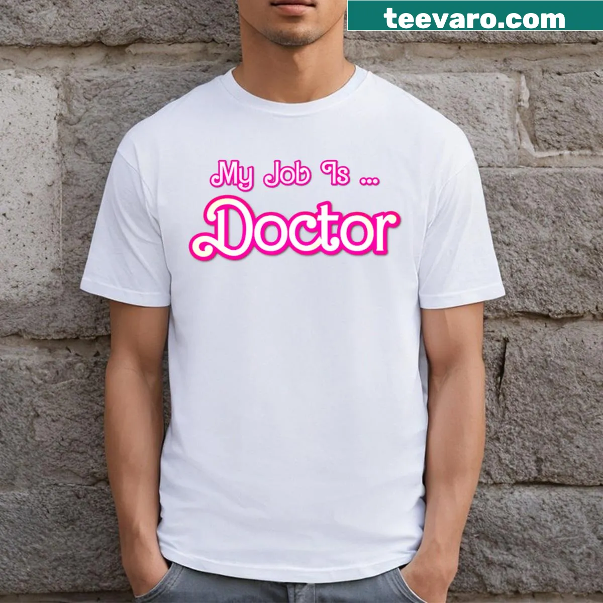 Retro t-shirt with 'My Job Is Doctor' text in pink — on a men's t-shirt
