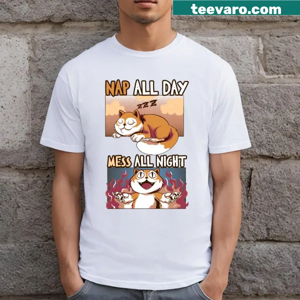 Cute cat t-shirt with mischievous cat illustration and fun text