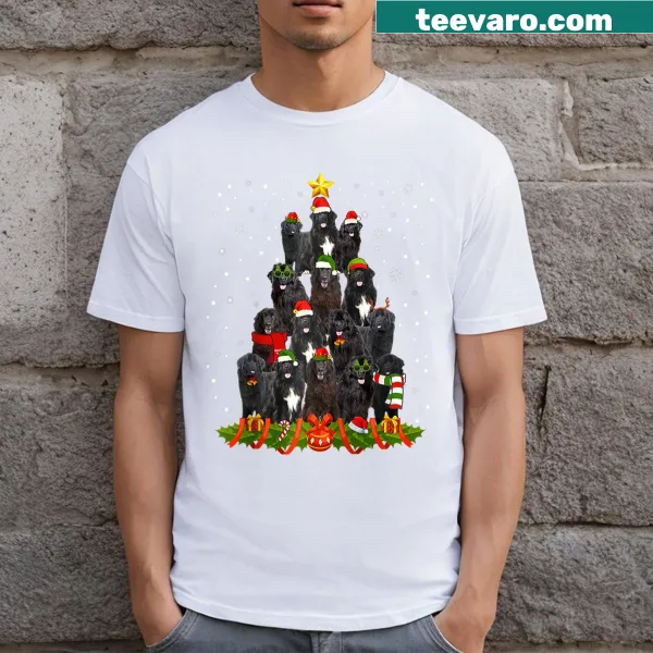 Festive shirt featuring a Newfoundland dog with a Santa hat and Christmas tree