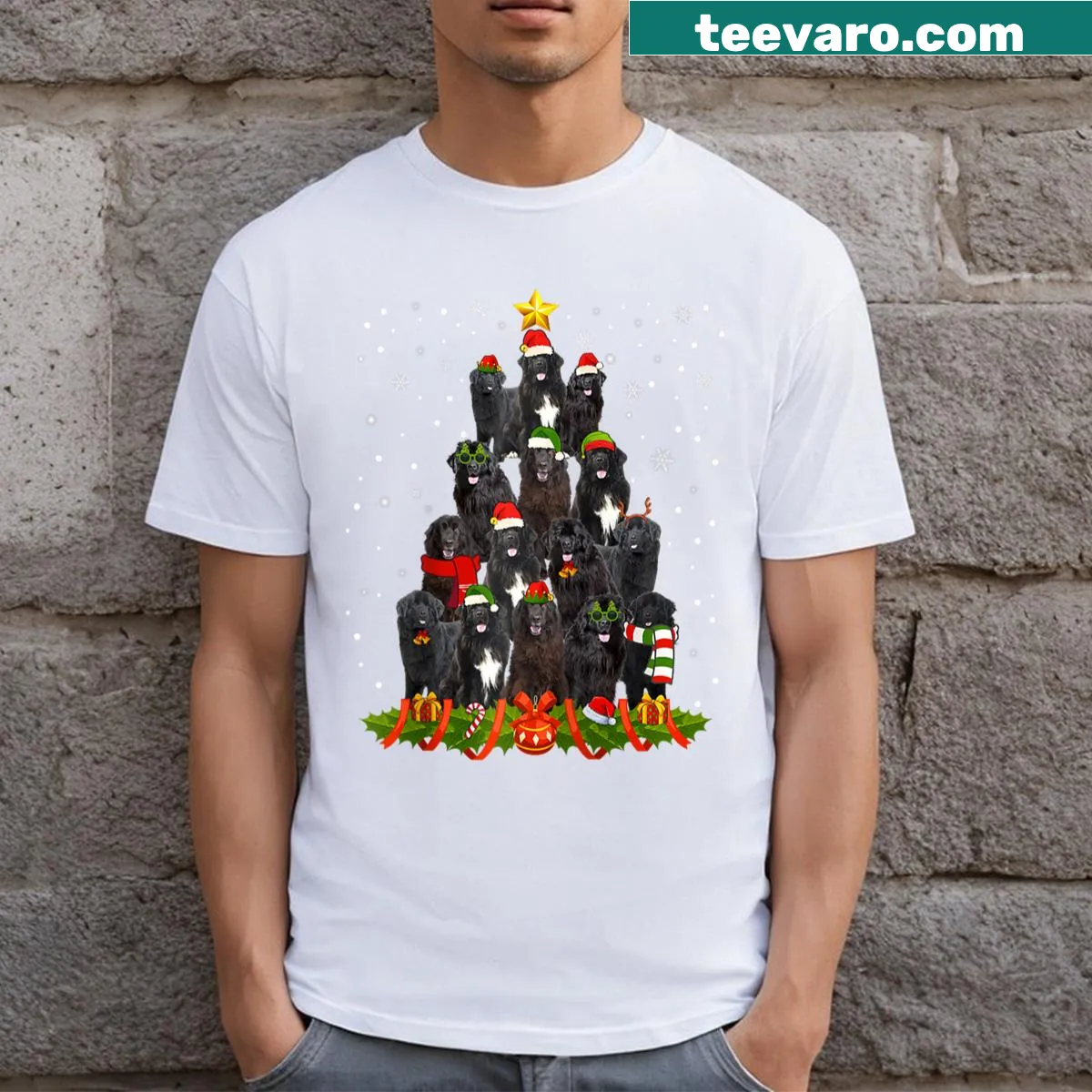 Festive shirt featuring a Newfoundland dog with a Santa hat and Christmas tree — on a men's t-shirt