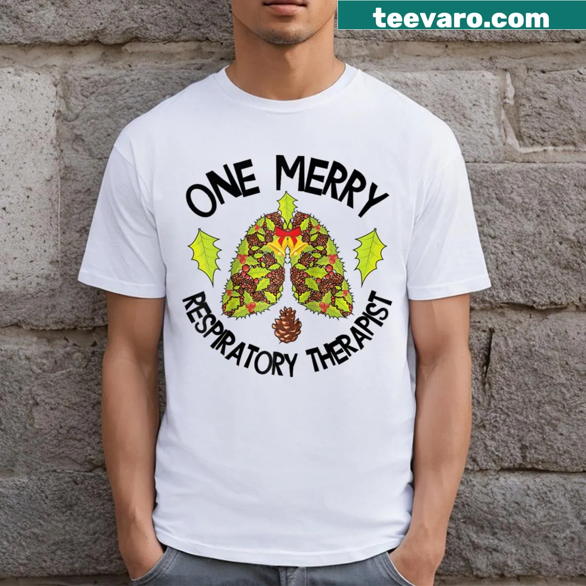 Christmas raglan tee for respiratory therapists with festive design — on a men's t-shirt