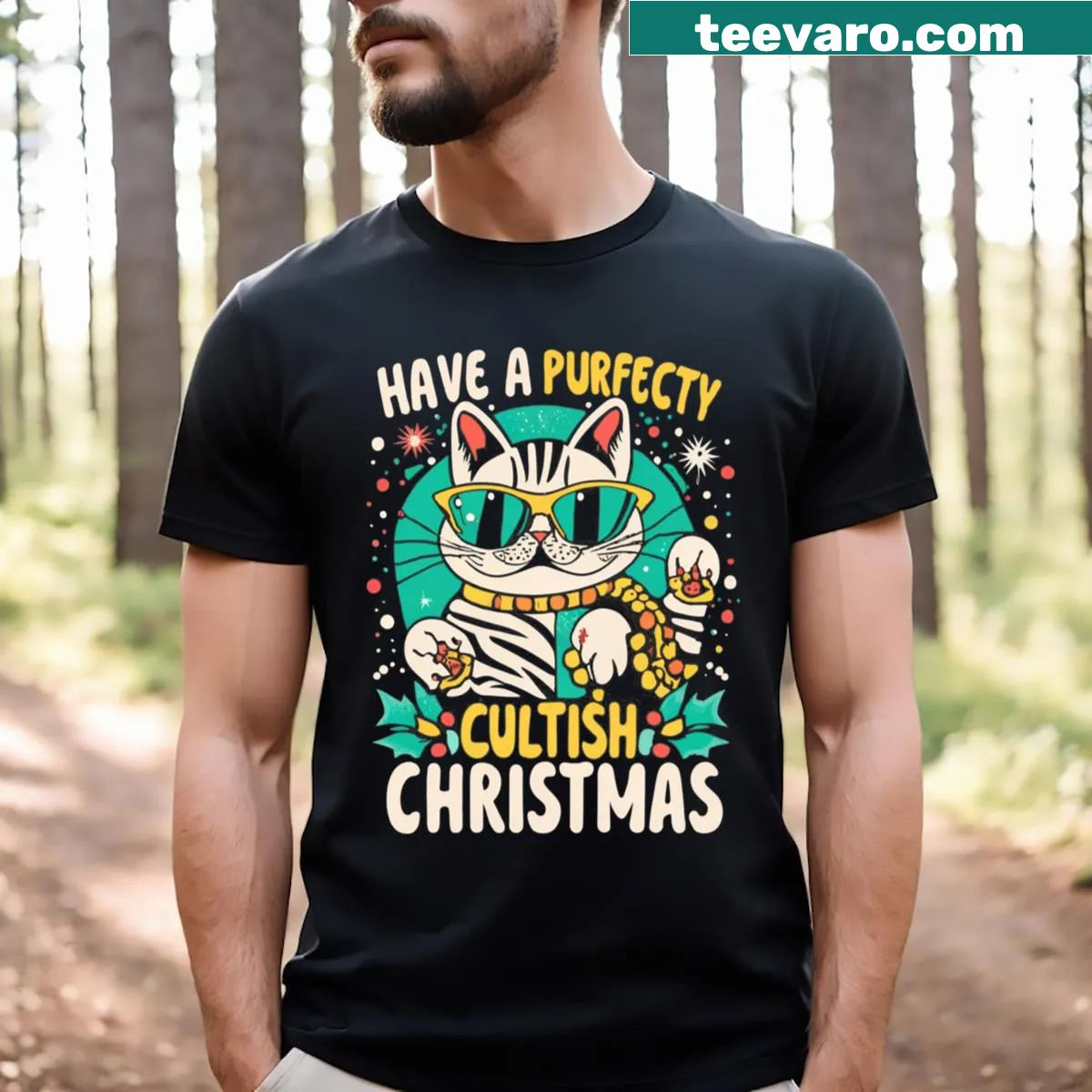 Funny Christmas t-shirt for cat lovers with playful text — on a men's t-shirt