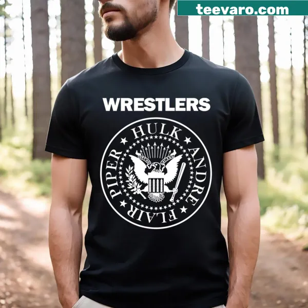 Rock and wrestling themed t-shirt featuring iconic designs
