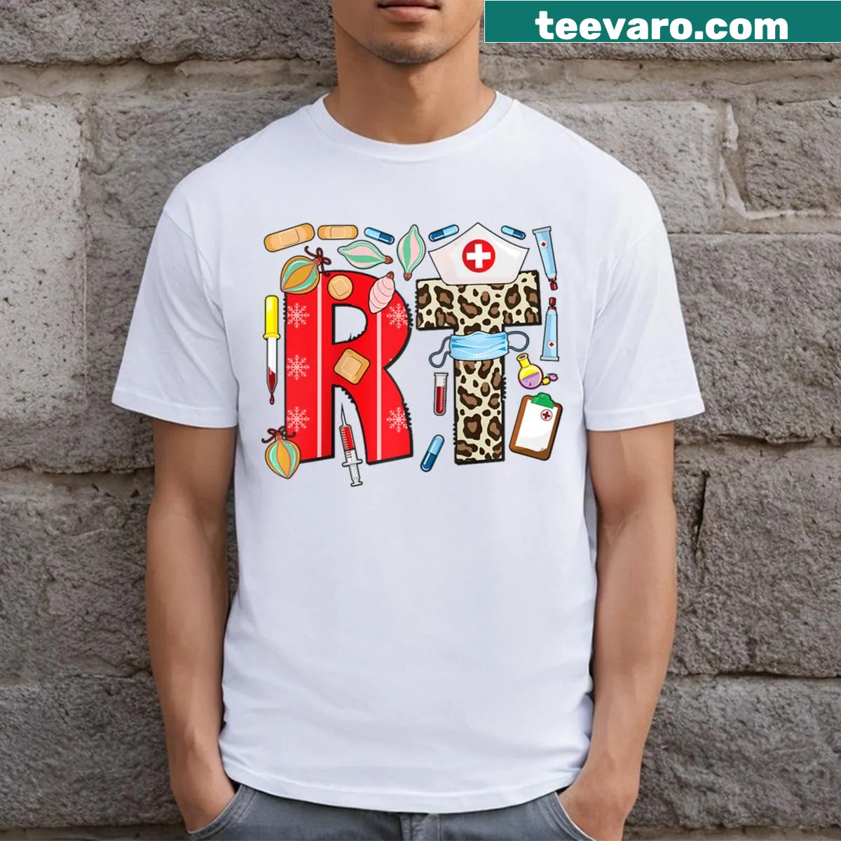 Christmas t-shirt for respiratory therapists with leopard design — on a men's t-shirt