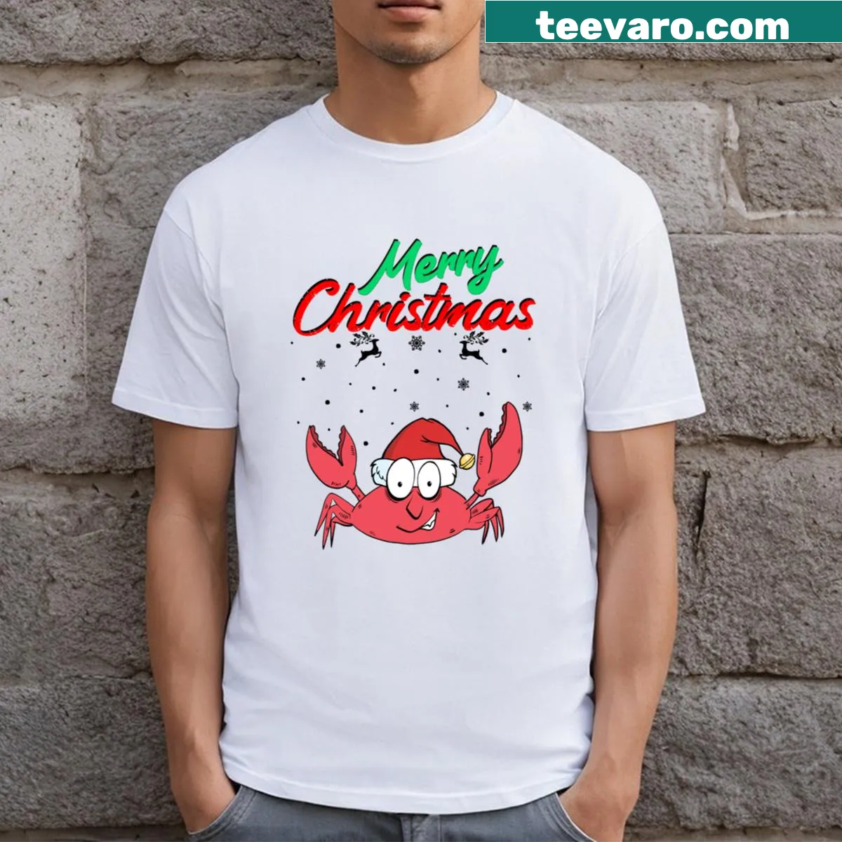 Funny Santa Claws Crab T-shirt with cartoon design — on a men's t-shirt