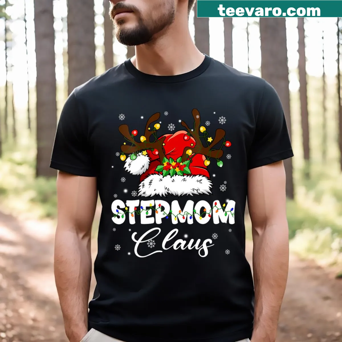 Festive reindeer with Santa hat and lights on stepmom v-neck t-shirt — on a men's t-shirt