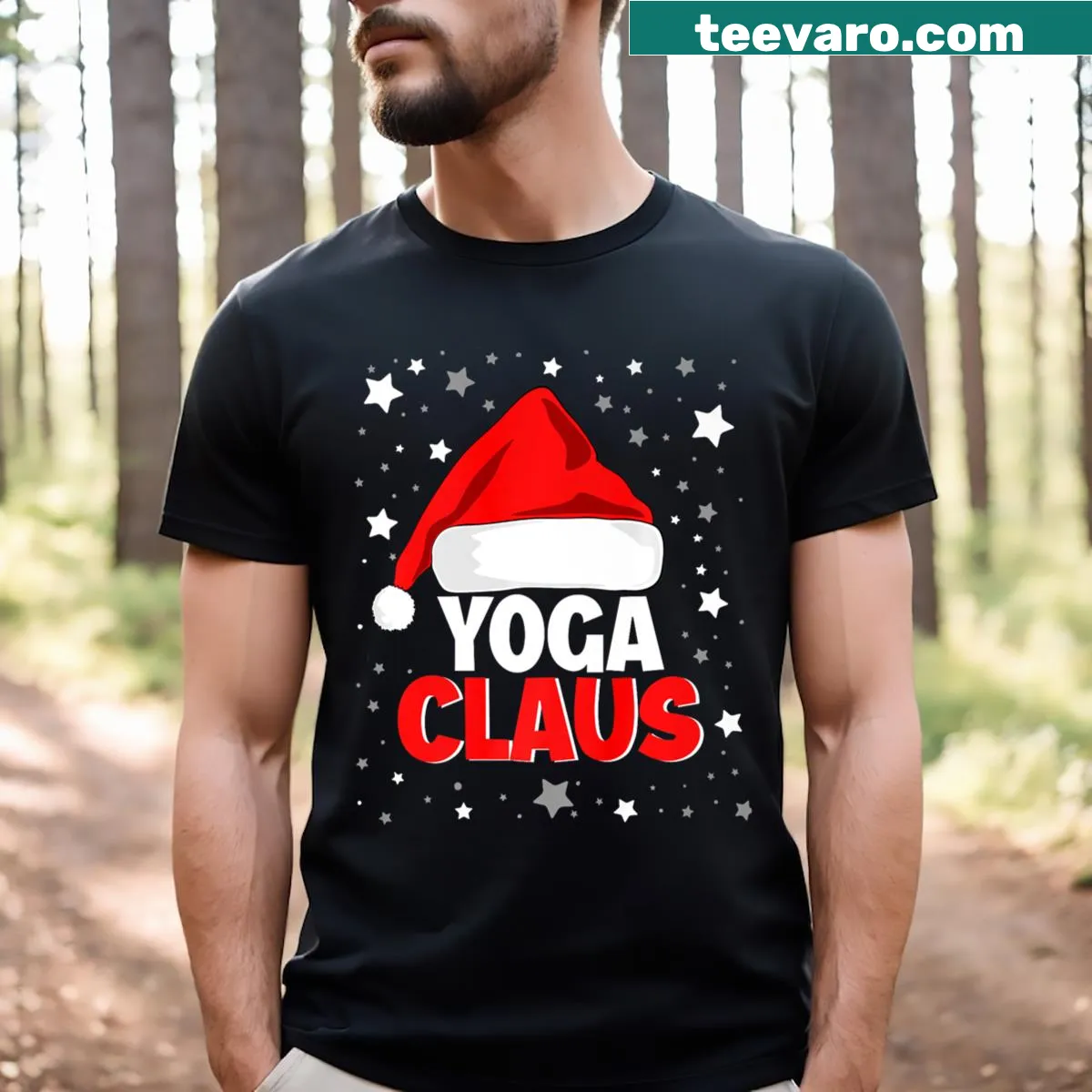 Santa Claus in a yoga pose graphic on a Christmas-themed t-shirt — on a men's t-shirt