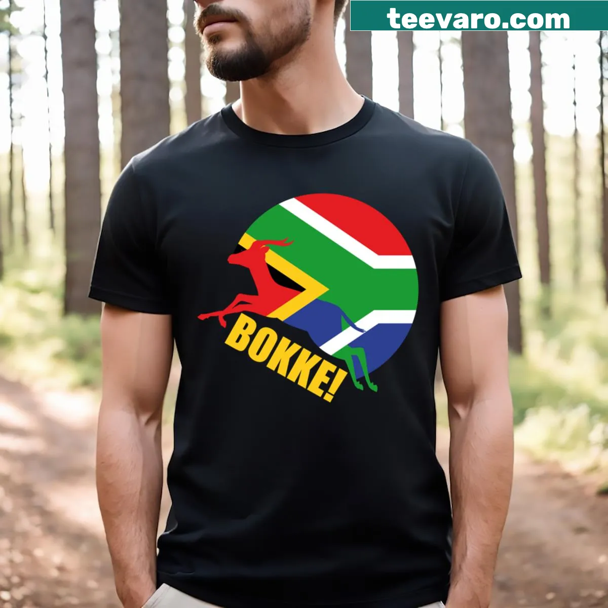 Springbok emblem and South Africa flag colors on rugby shirt — on a men's t-shirt